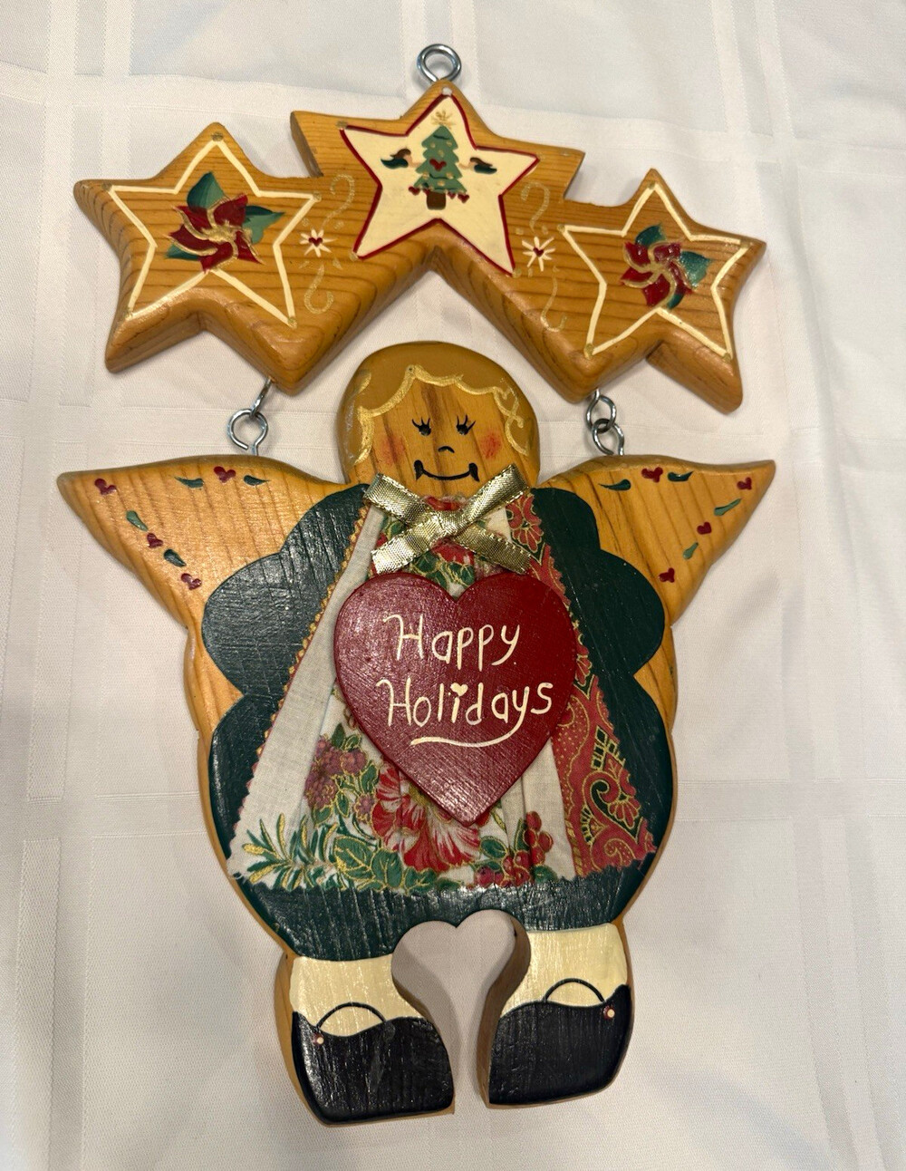Vintage JDI Wood Christmas Angel Wall Hanging 1990s Folk Art Happy Holidays 13”